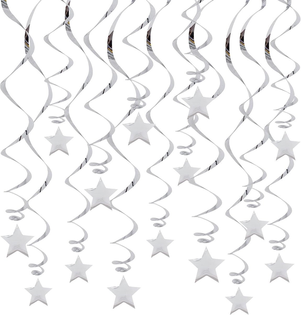 Zilveren hangende spiraaldecoraties met sterren – Hangende feestversiering – Zilveren feestdecoratie voor diploma-uitreikingen, bruiloften en babyshowers (set van 12) – Zilver