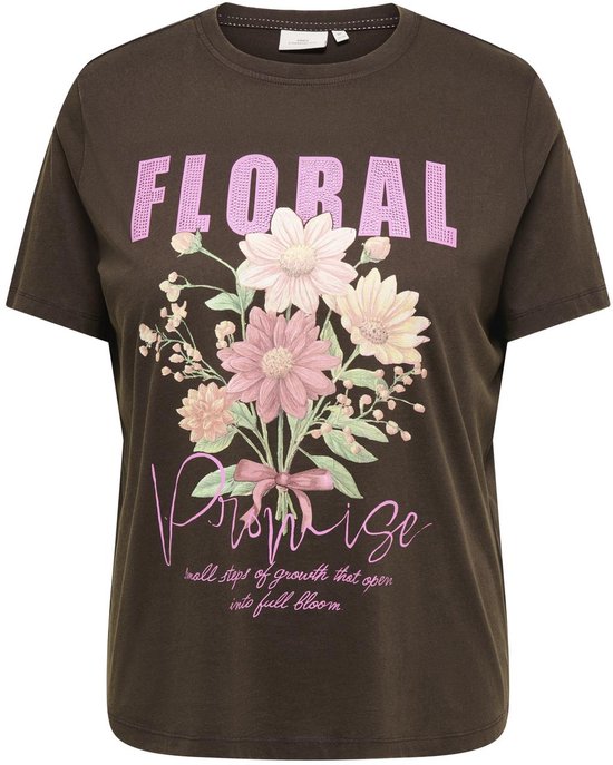 Bruin T-shirt met roze en gele bloemenprint en tekst 'Floral Promise'.