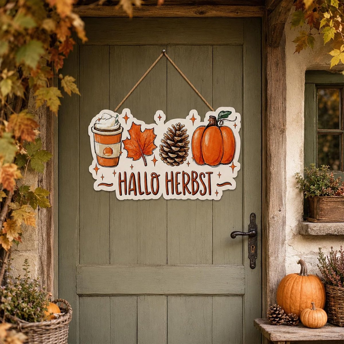 deurbord van hout met Hello Herfst voor voordeur en raam | Een houten bord, 29 × 18 cm, met koord; geschikt als herfstdecoratie deur voor ingang, raam, muur en open haard