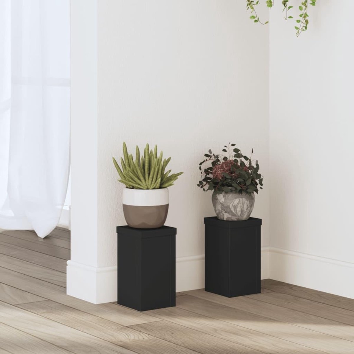2 stuks, van houtmateriaal, zwart, 10 x 10 x 18 cm, stabiele plantentafel met glad oppervlak en holle constructie voor extra stabiliteit door zandvulling,