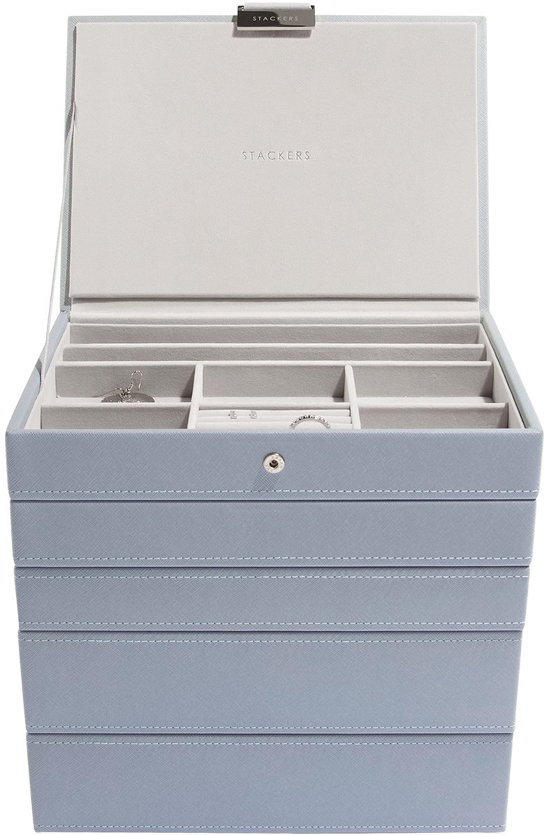 Sieradendoos blauw kunstleer, ruime juwelenopberger met meerdere vakken voor ringen, horloges, armbanden en kettingen 25 cm