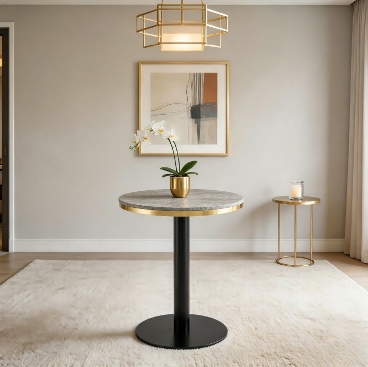 MODFU Bijzettafel - Rond Marmereffect - MDF En Metaal - Grijs Zwart Goud - Ø60 x 73,7 cm