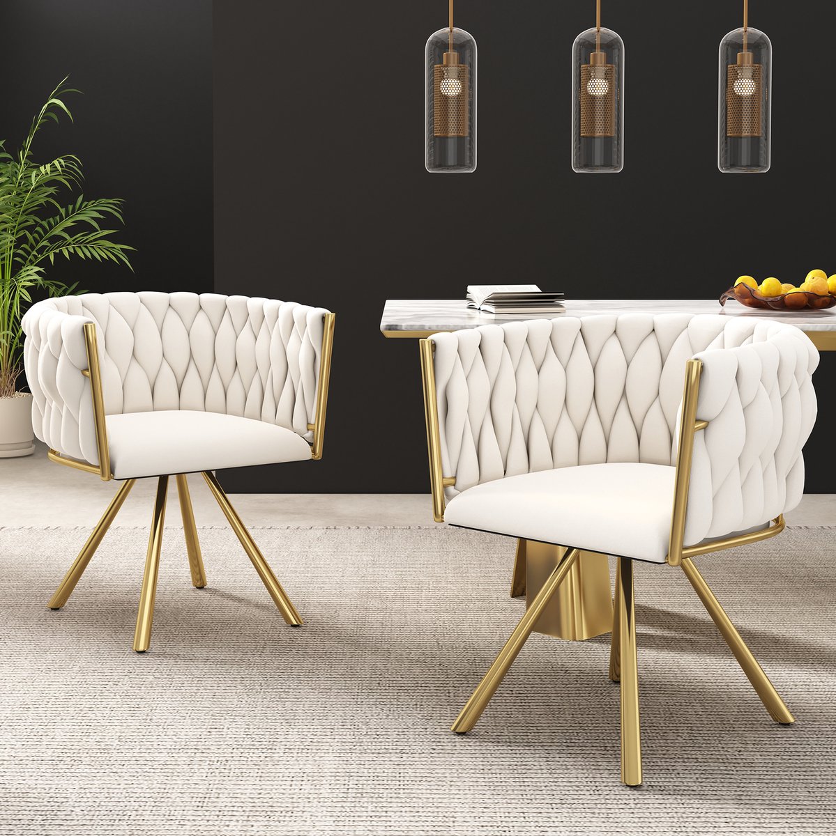 MEUNIQ Draaibare velvet kuipstoel met armleuningen en vier metalen poten – 59 x 54 x 72 cm – eetkamerstoel voor volwassenen – beige en goud