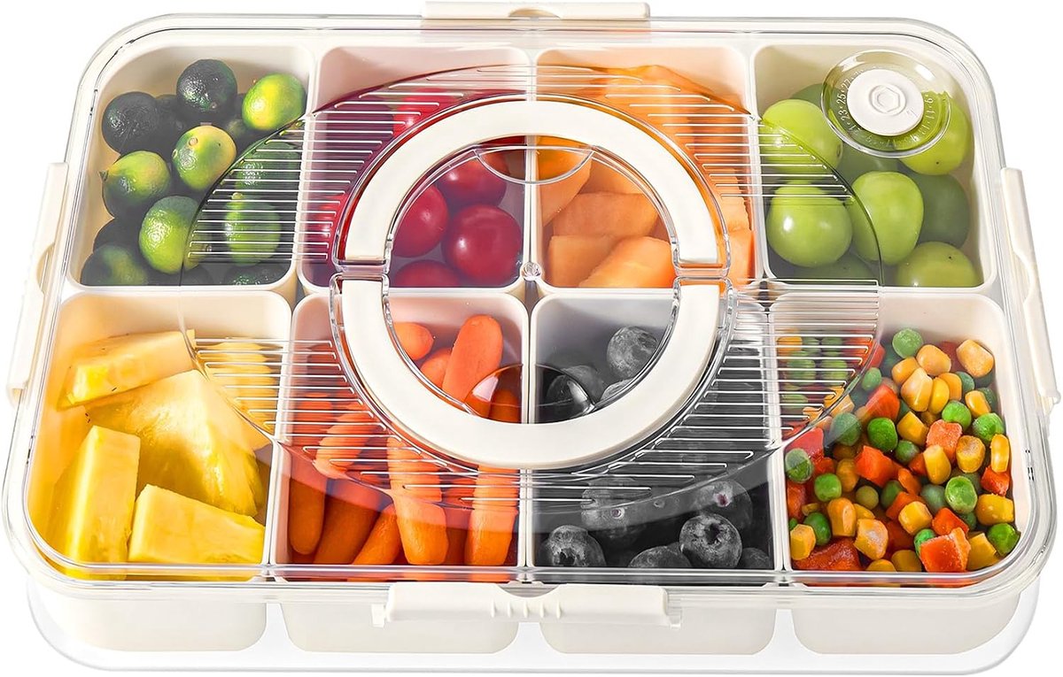 Snackbox met 8 compartimenten, snackschaal met deksel en handvat, snackschaal voor kinderen, snackbox organizer voor snacks snoep noten fruitn, voor picknick uitstapjes, vaatwasmachinebestendig