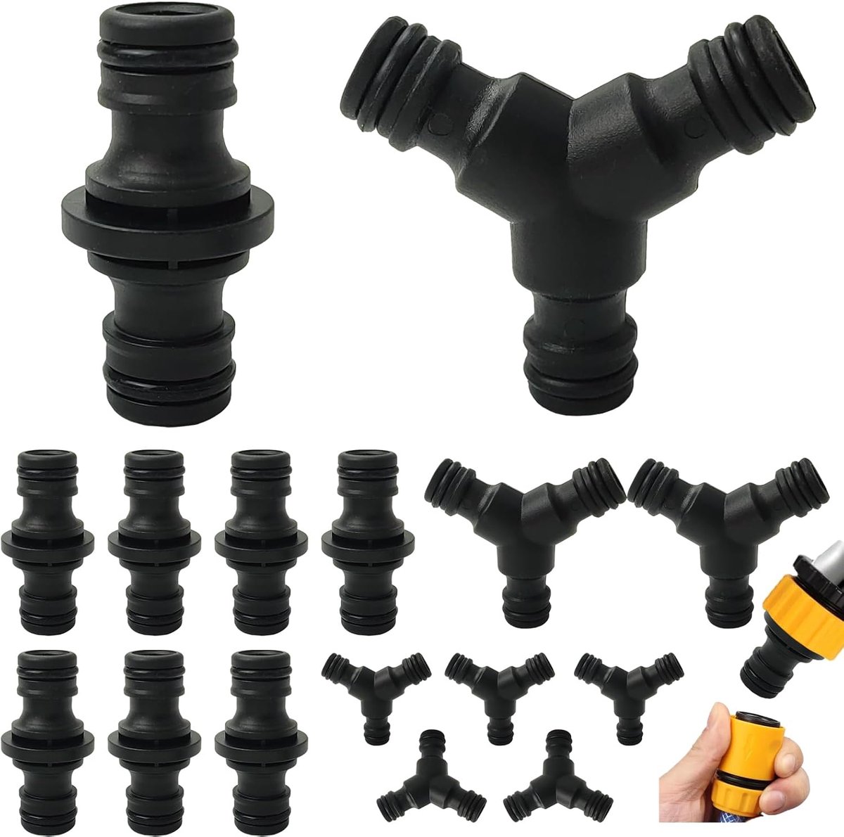 Verbindingsset - 8x Dubbele Aansluiting 1/2" + 8x Y-Takstuk 3-Weg, Kunststof Tuinslang Connectors, Slangkoppeling 1/2 Inch Geschikt voor de Bewatering van Landbouw, Gazon en Tuin