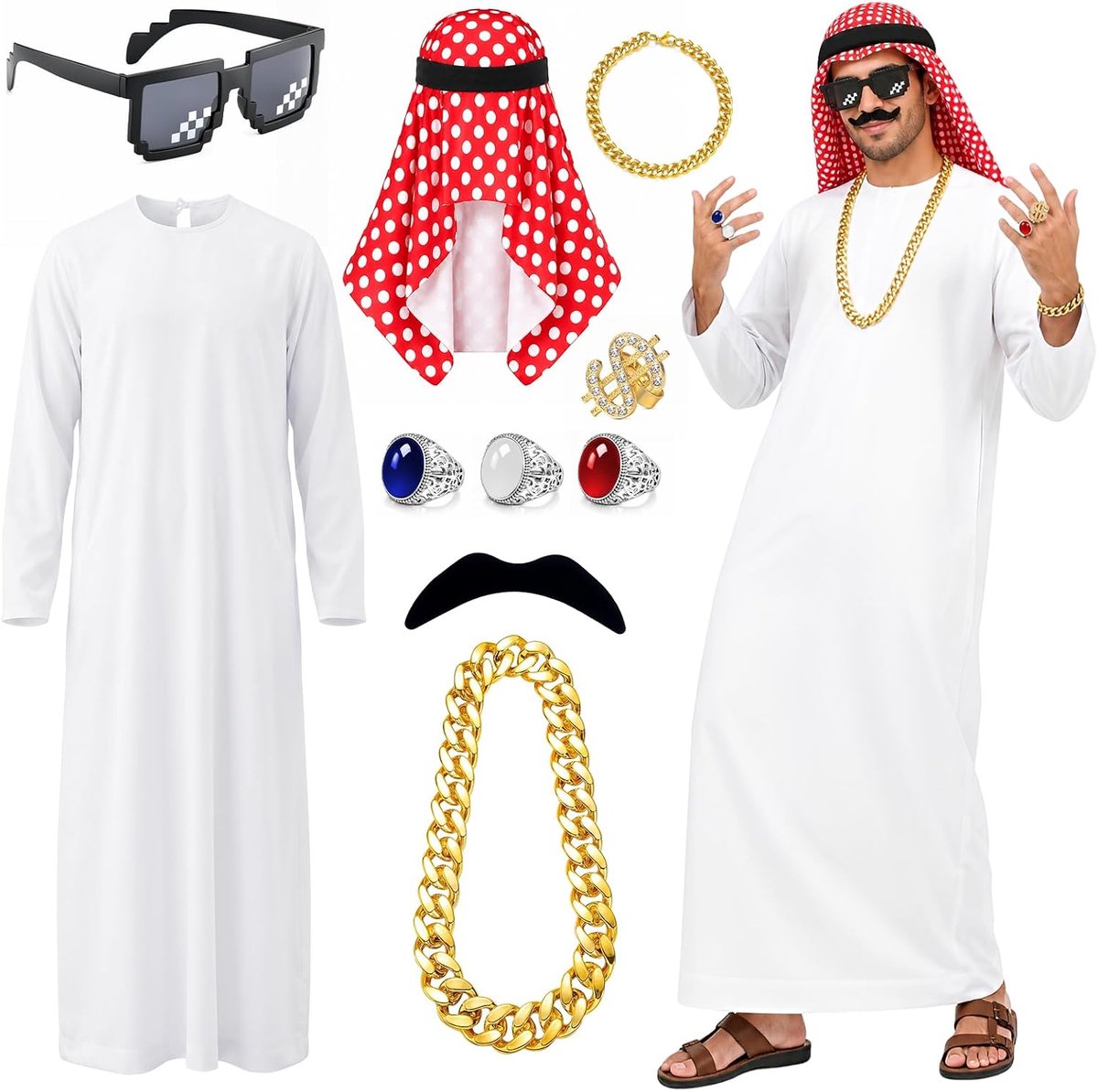 10 stuks Arabisch kostuum, Tsjechisch kostuum voor heren, met Arabische gewaad, rood gestippelde hoofddoek, baard, zonnebril, 4 ringen, armband, halsketting, kostuum Sjich, Arabisch, volwassenen, voor