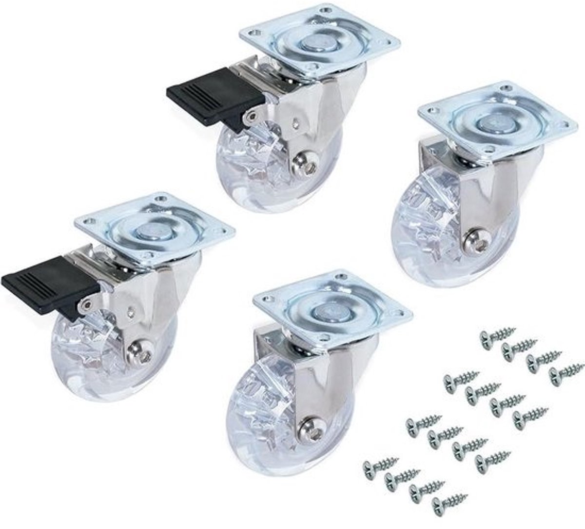 Set transparante zwenkwielen 75 mm diameter 4 stuks 2 zonder remmen met schroefplaat en kogellagers