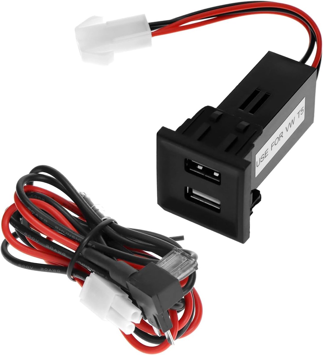 2 stuks dual USB lader geschikt voor VW T5 (2003-2009), 2x 2.1A USB poorten met piggy back zekering kabelboom