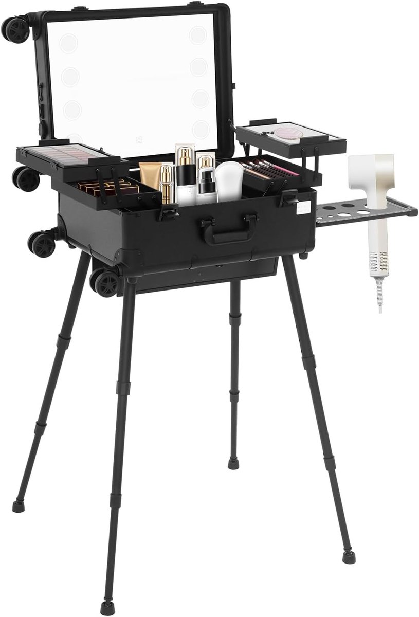 Make-upkoffer, trolleykoffer, multifunctionele make-upkoffer, 3-in-1, professionele grote kapperskoffer, kapperskoffer met 4 wielen, ledlicht en steunpoten