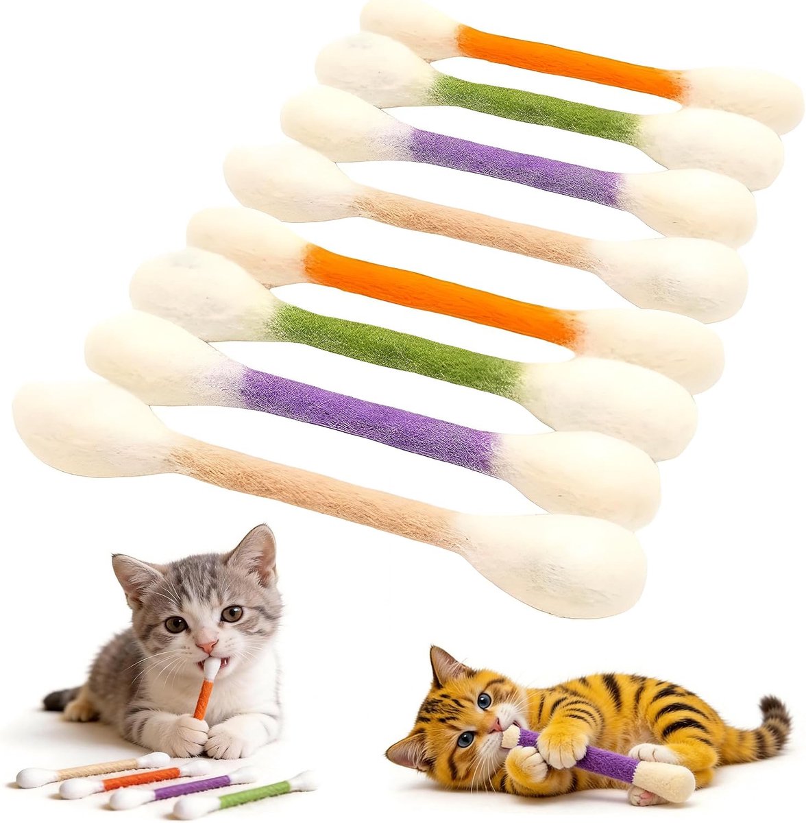 Set van 8 Stuks Interactief Kattenspeelgoed, 4-Kleurig Speelgoed voor Katten van Vilt, Extra Groot Kattenspeelgoed met Wattenstaafjes als voor Kittens en Volwassen Katten