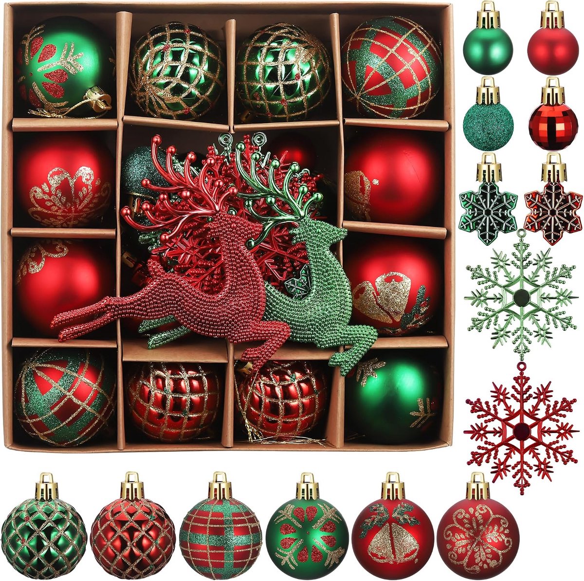 Kerstballenset, kerstballen, decoratief, onbreekbare kunststof, kerstballen, rood en groen, voor kerstversiering, bruiloft, 40 stuks, kerstrendieren