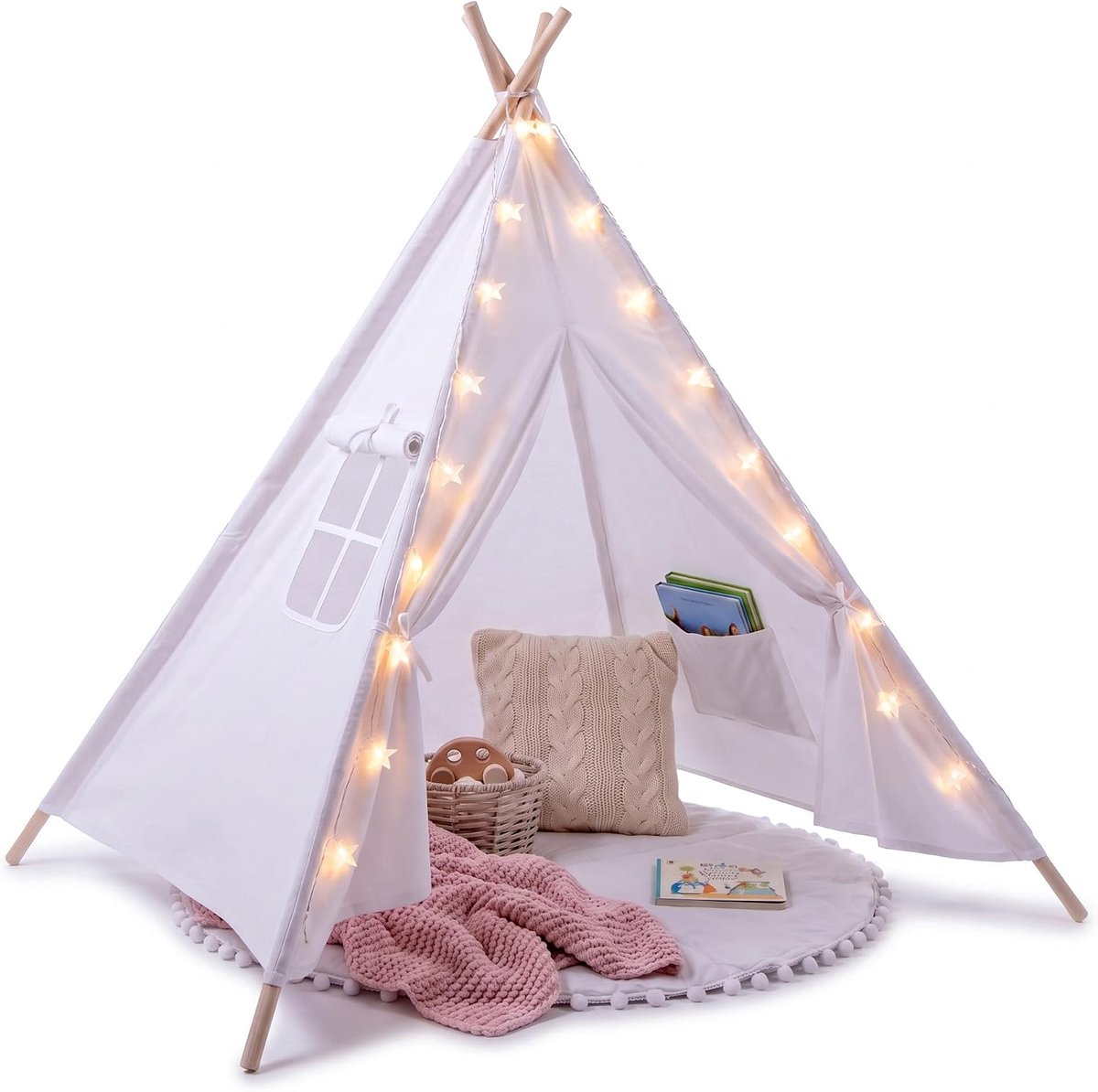 tipi-tent voor kinderen | Witte tipi speel-/pop-uptent voor meisjes en jongens, 140 x 120 cm, katoenen canvas, met 3 meter sterlichten en cirkelvormige mat/tapijtaccessoires