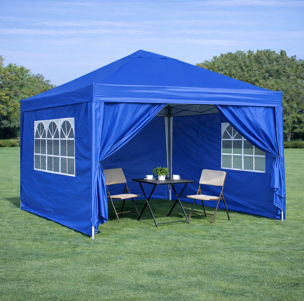 MEUNIQ Easy-up partytent 3 x 3 m met 4 zijwanden, ramen en ritsen, opvouwbaar paviljoen met stalen frame, zandzakken, waterdicht en UV 50+, blauw