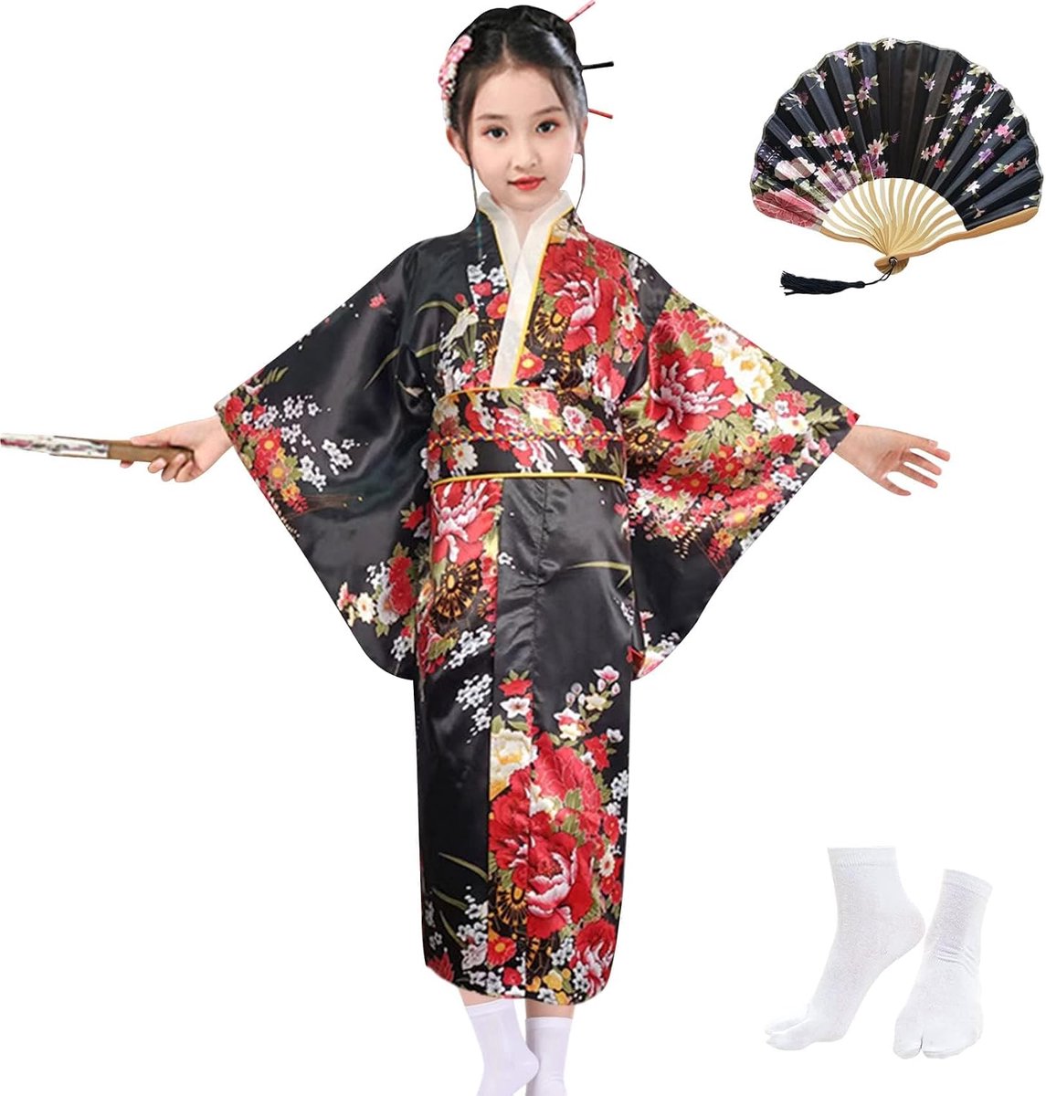 kimono voor meisjes, traditionele Japanse stijl, Yukata kimono van zijde, cosplay-kostuums, feestjurk voor meisjes, met opvouwbare waaier en tai-sokken