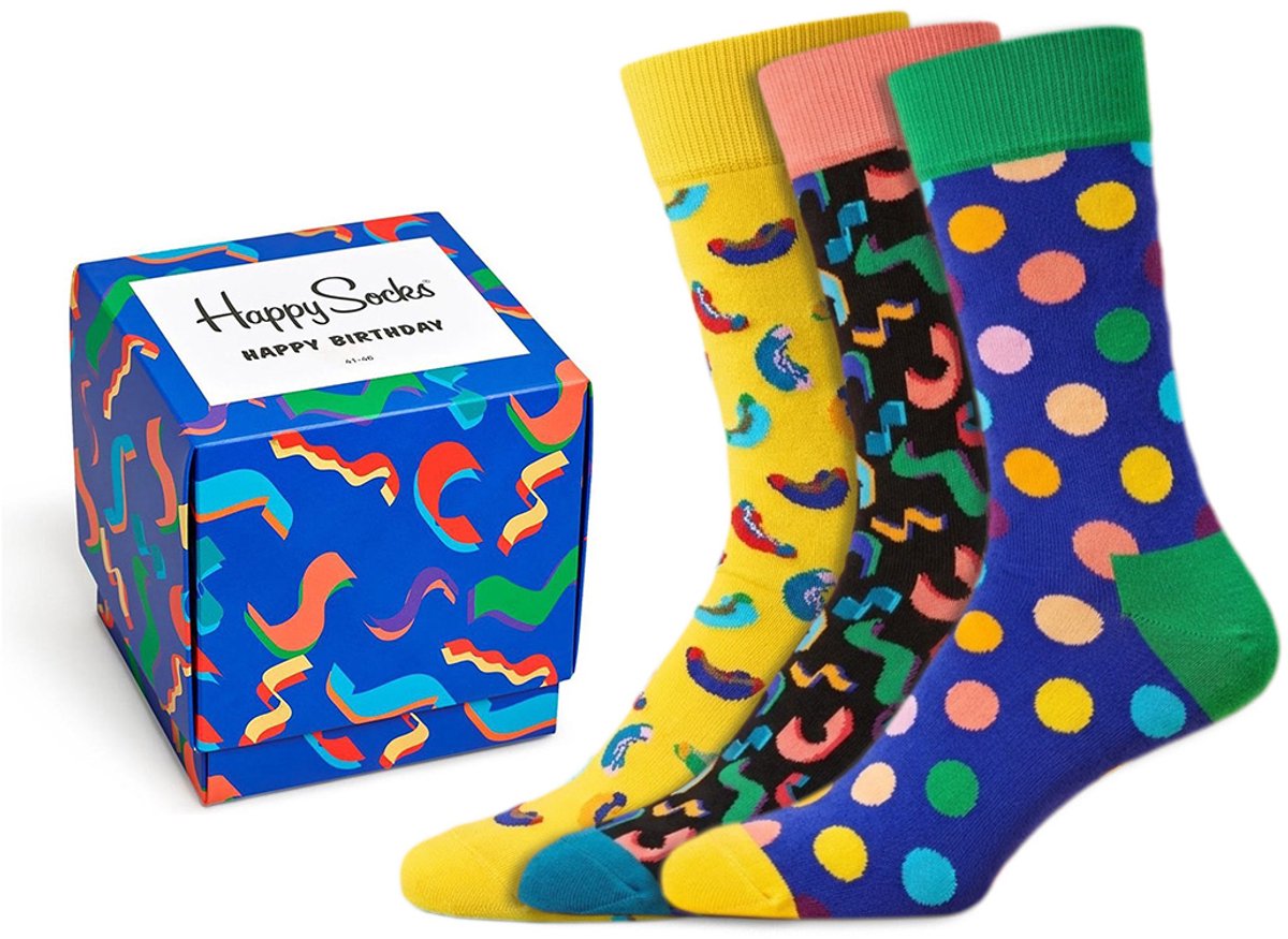 3 Paar – Happy Socks – Giftbox Happy Birthday – Dames & Heren – Diverse Kleuren