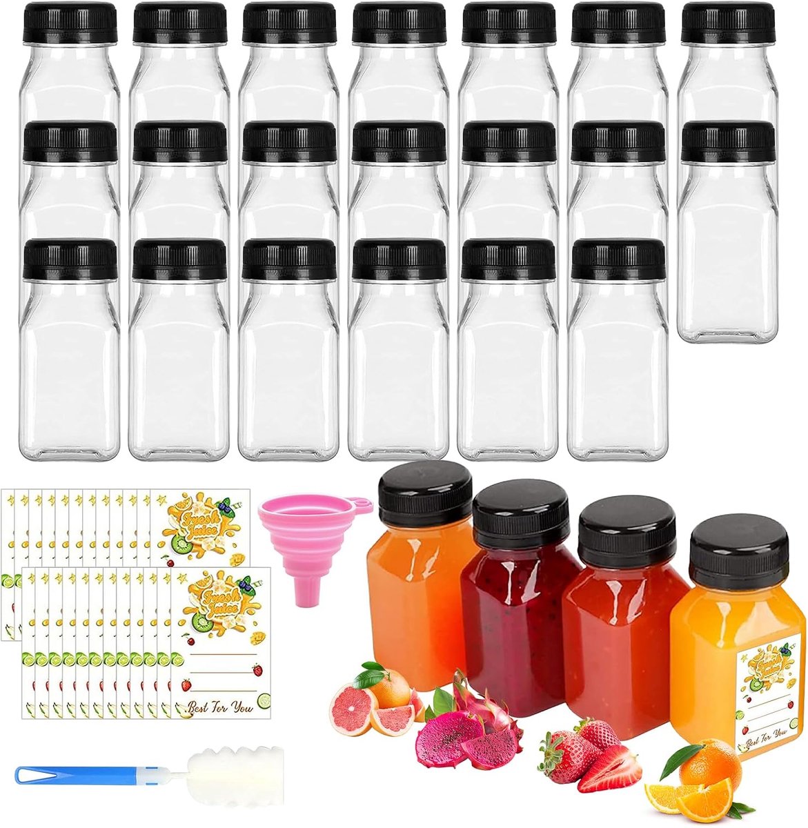 Flessen, deksel 120 ml, trechter, borstel en etiketten voor zelfgemaakte sap, ginger shots, wijn, huwelijksgeschenken