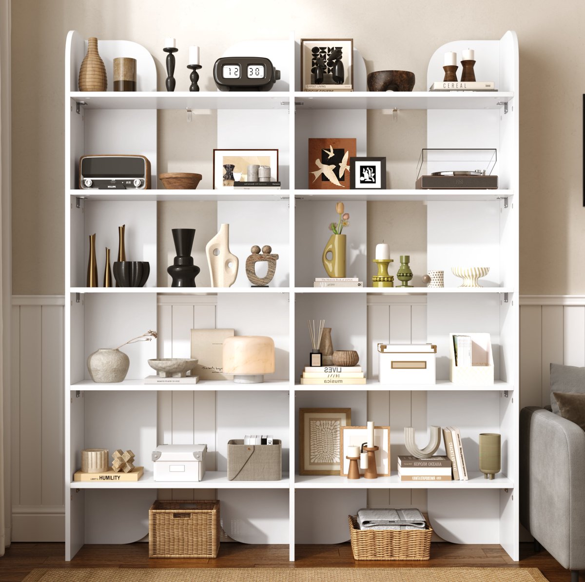 DESMIU Boekenkast – 135 x 25 x 160 cm – Vijf Open Niveaus – Spaanplaat – Wit – Vrijstaand Voor Woonkamer, Slaapkamer Of Kantoor