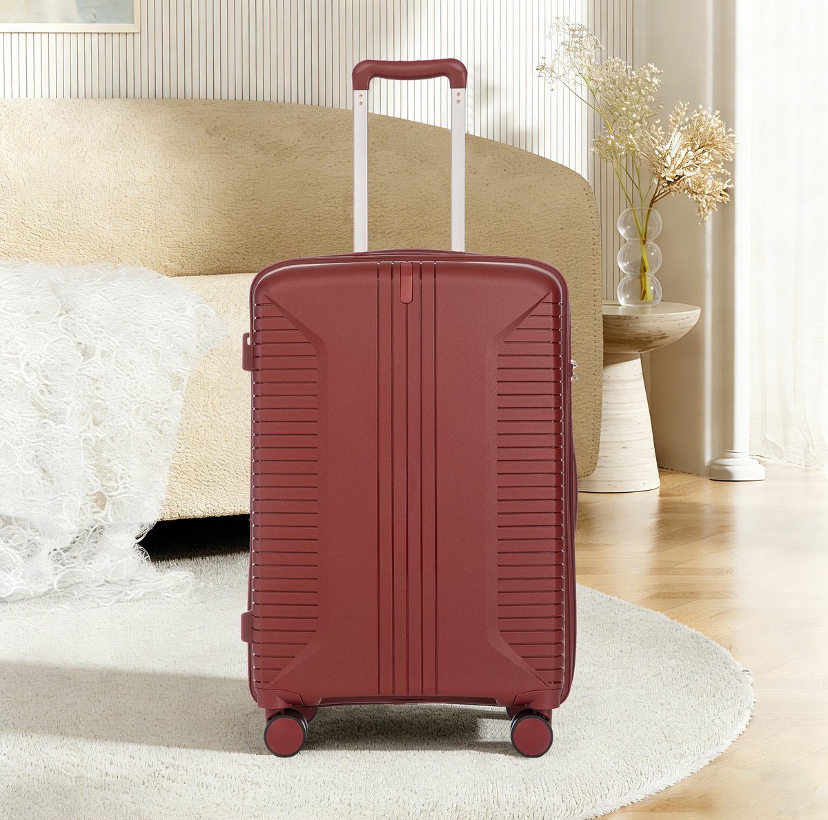MEUNIQ 3-delige PP hardcase kofferset 20/24/28 inch met cijferslot, 360° dubbele spinnerwielen, zijhaken en beschermvoeten - rood