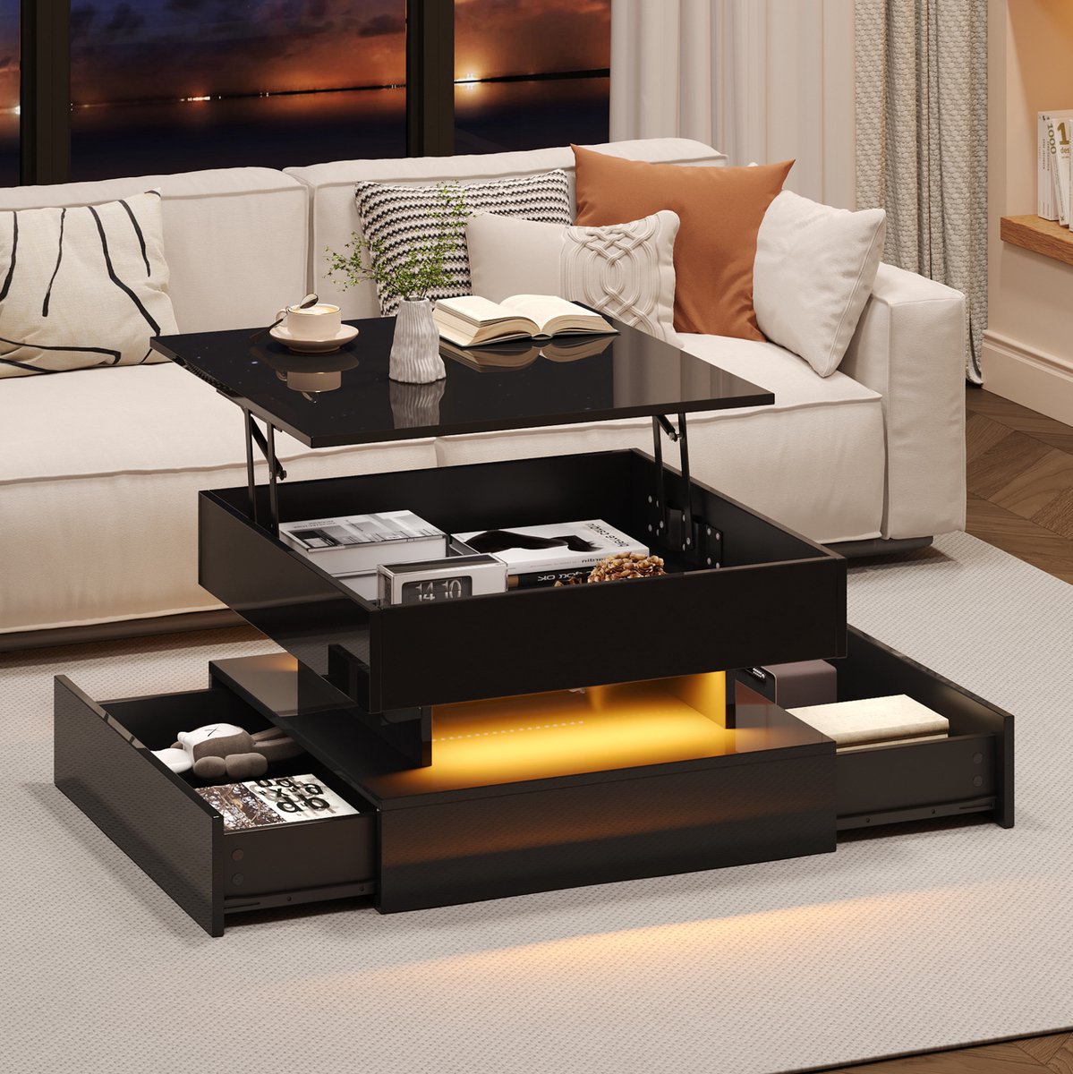 MEUNIQ Salontafel 65 x 65 cm met hefbaar blad tot 52,5 cm, 2 lades, verborgen opbergruimte en appgestuurde LED-verlichting voor woonkamer, zwart