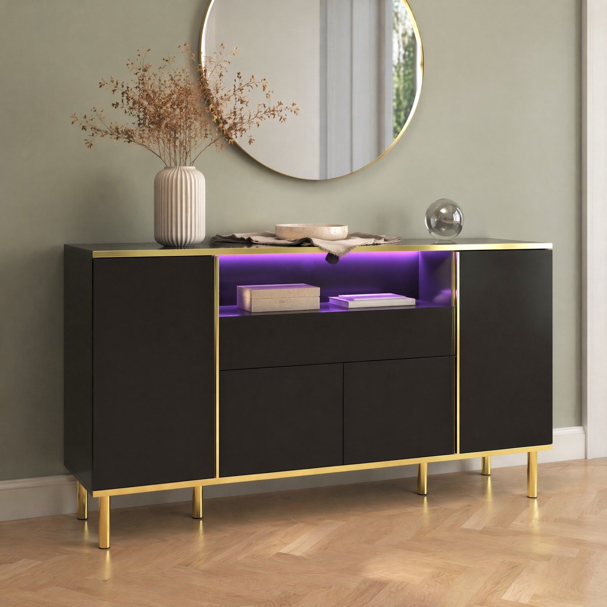 MEUNIQ Dressoir 150 x 40 x 80 cm met 4 deuren, lade, open vak en ledverlichting – zwart hoogglans met goudkleurige accenten voor woonkamer