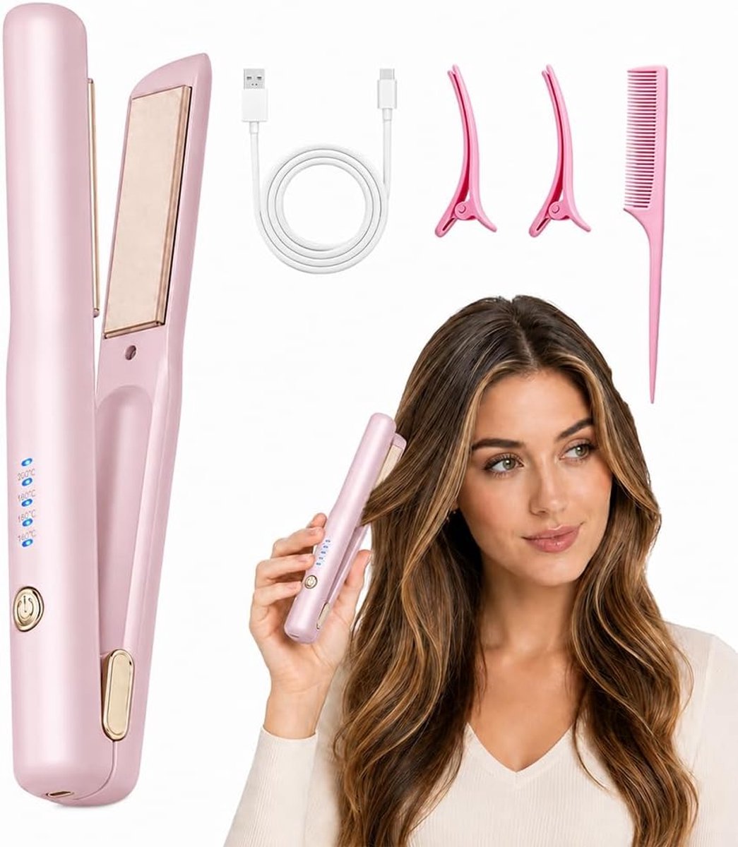 Mini haarstylers 2-in-1 - Draadloze straightener en krultang - Keramische platen - Voor moeiteloze styling - ShopVlot