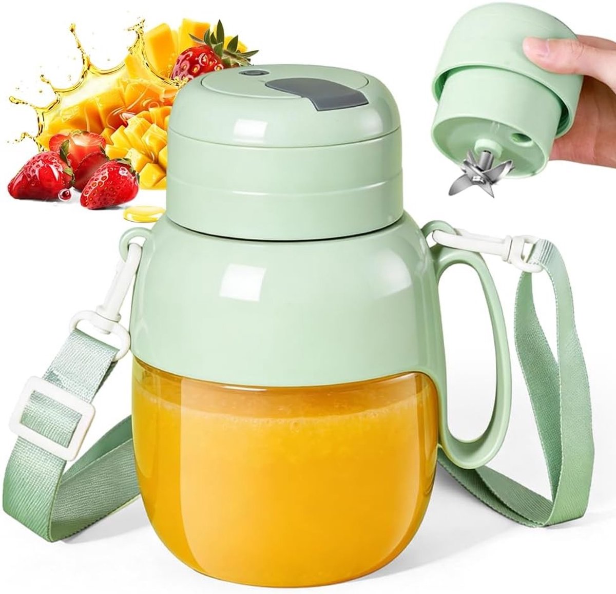 Draagbare Blender en Smoothie Maker, 1000ml Capaciteit, Ideaal voor Sport en Reizen, Met Drinkopening en Draagriem, 12 Mesjes, 21000 RPM, Oplaadbaar voor Gemakkelijk Gebruik