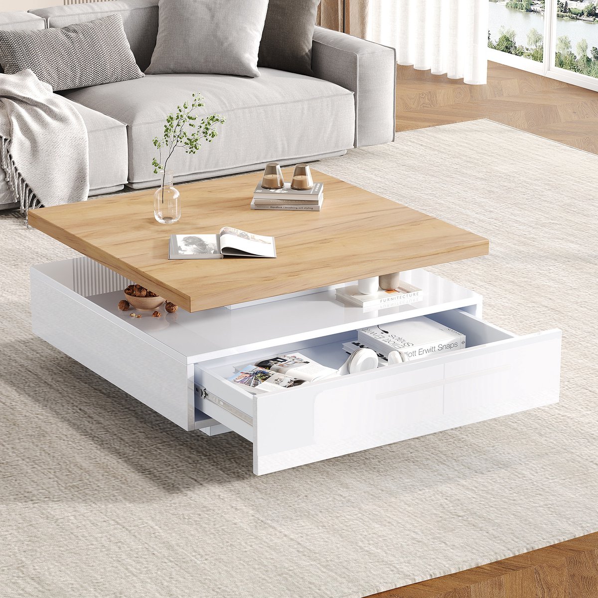MEUNIQ Vierkante salontafel 70 x 70 x 36 cm met 360° draaibaar blad, open opbergruimte en grote lade voor woonkamer, hoogglans wit en walnoot