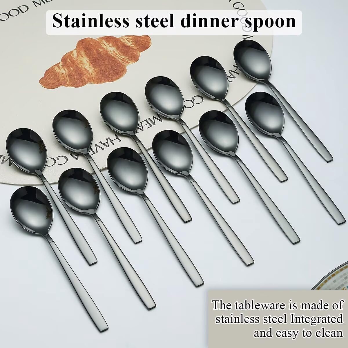 Soeplepels 12 stuks, titanium zwart gecoat roestvrij staal moderne tafellepel, eetlepel, ideaal voor thuis, toiletruimte, hotel, bruiloft en feest, vaatwasmachinebestendig