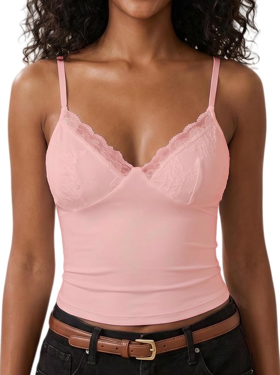 Tanktops voor dames, kant, sexy, top, hemdje, mouwloos, V-hals, zomer, korte top, chic en elegant, crop tops met verstelbare spaghettibandjes, Y2K, slim fit, camisole shirt voor casual, feest