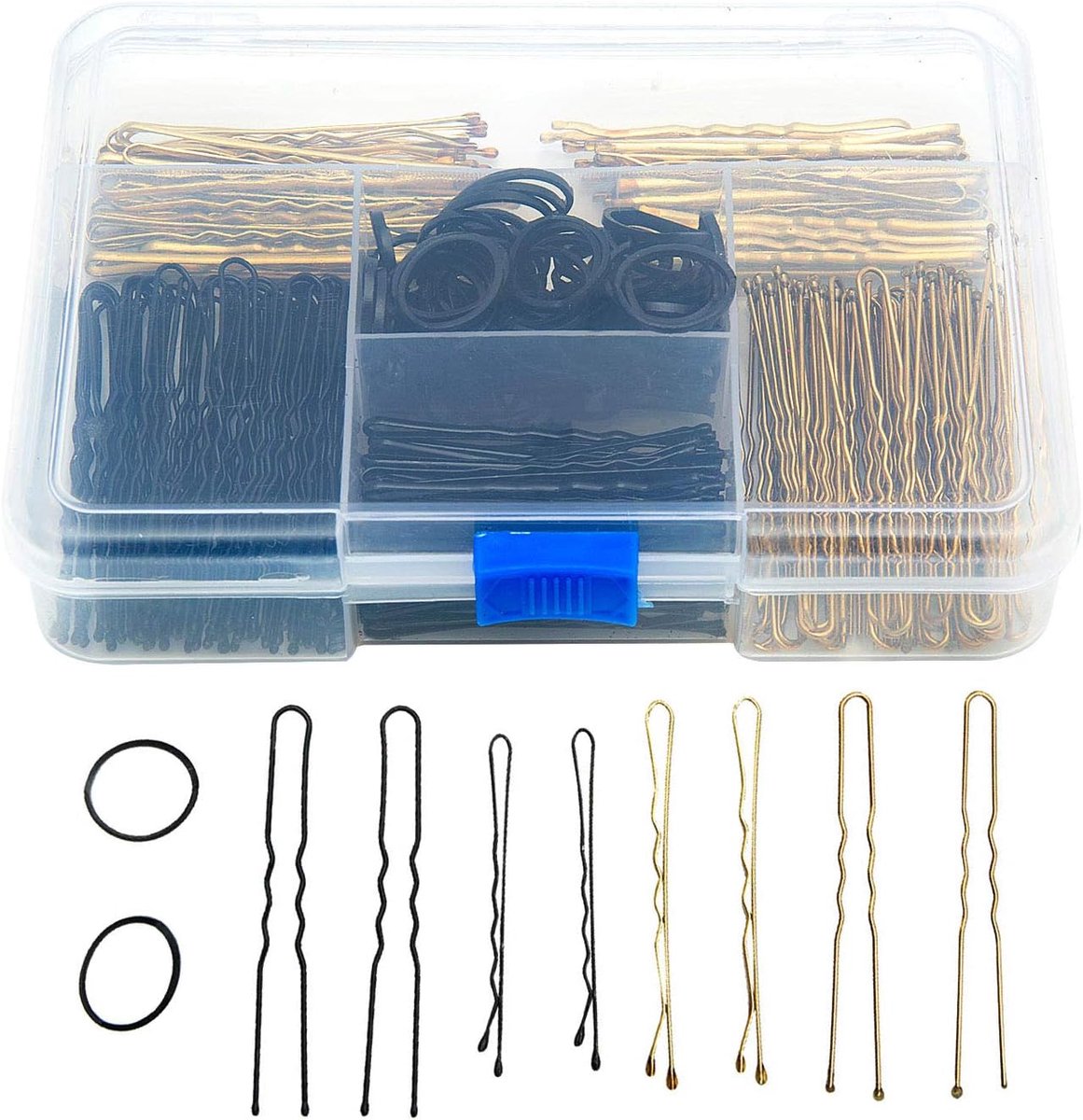 Haarspelden 5 cm en 6 cm Bobby Pins en U-haarspelden voor meisjes en vrouwen en 120 stuks rubberen haarelastiek met opbergdoos (goud en zwart)