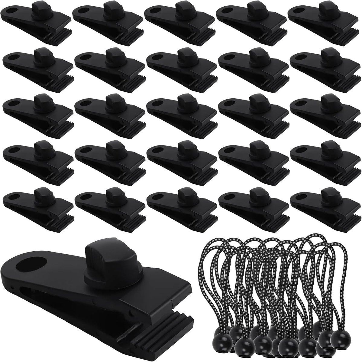 60 stuks zwarte zeilclips met elastieken, 30 zeilspanners clips en 30 elastieken, tarp clipset voor hangmat, camping en picknick
