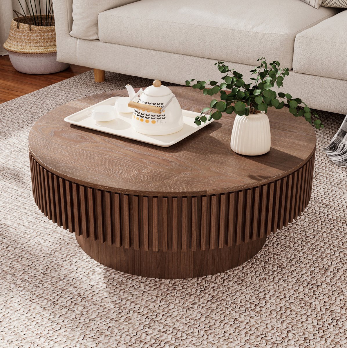 MEUNIQ Ronde salontafel 75 cm met verborgen opbergruimte en afneembaar tafelblad, MDF met houtfineer, moderne walnootkleurige koffietafel voor woonkamer