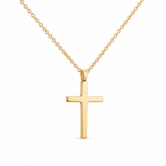 Close-up van een goudkleurige kruishanger aan een fijne schakelketting.