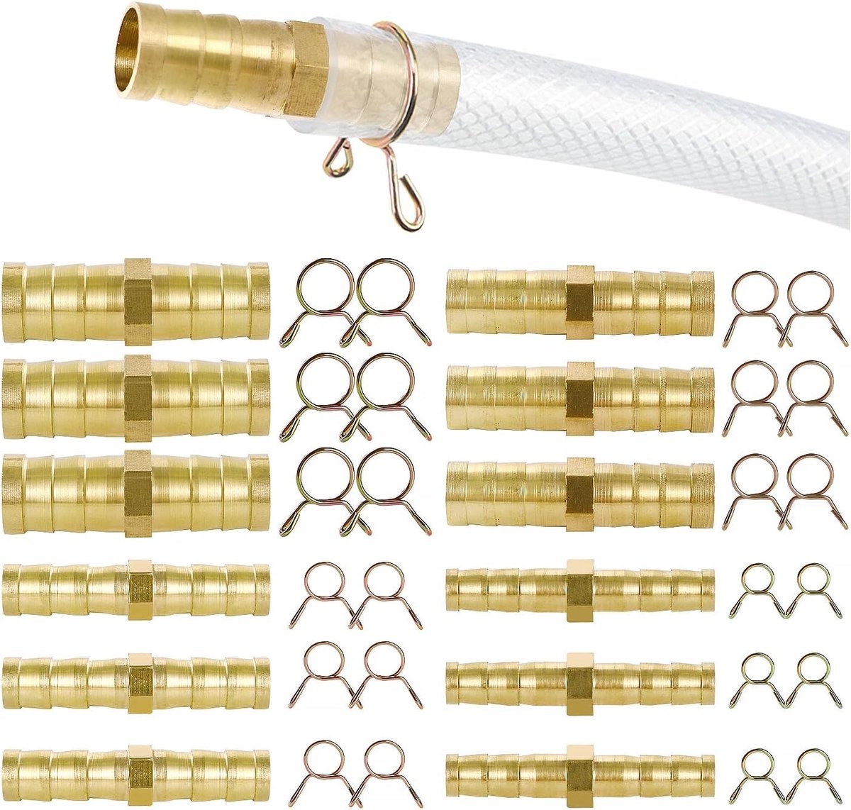 12 Stuks 6/8/10/12mm Slangverbinder, 2-Weg Messing Slangverbinding met 24 Slangklemmen voor Brandstof en Luchtgebruik