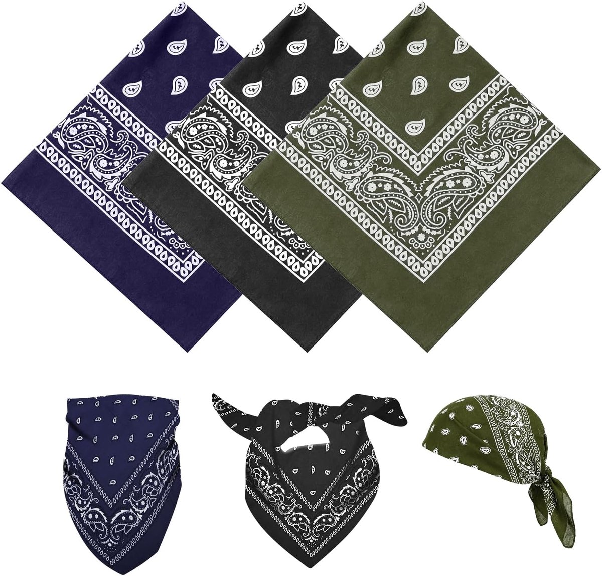 3-delige bandana, multifunctionele haarsjaal met paisleyprint, unisex hoofddoeken, bandana's, hoofdbanden voor dames en heren, cowboyaccessoires