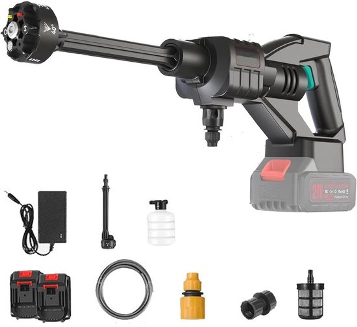 Mobiele Hogedrukreiniger 21V met 6-in-1 Mondstuk en 2 Accu's voor Efficiënt Autowassen en Reinigen
