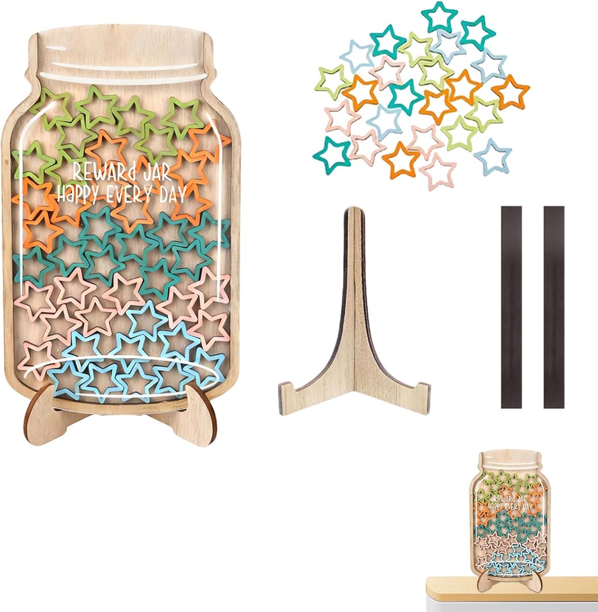 Beloningspot met 45 Kleurrijke Holle Ster Tokens – Acryl Motivatie Pot voor Dagelijkse Gewoonten, Studie, Thuis en Klaslokaal, Interactieve Beloningsactiviteiten