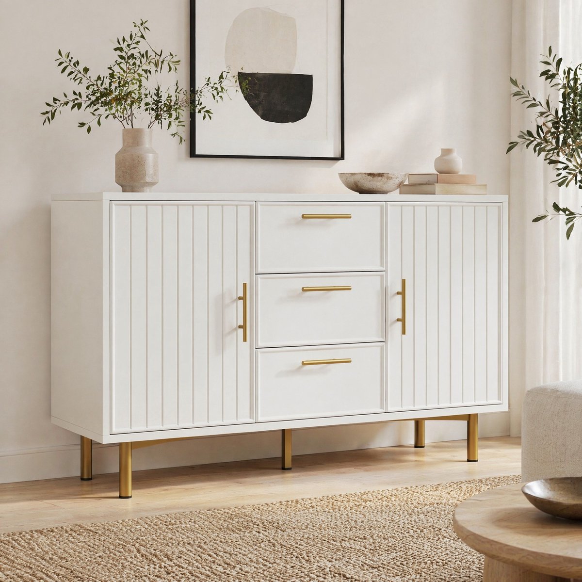 MEUNIQ Dressoir met 2 deuren en 3 lades, 120 x 40 x 75 cm, verstelbare legplanken, metalen poten en gouden handgrepen, wit