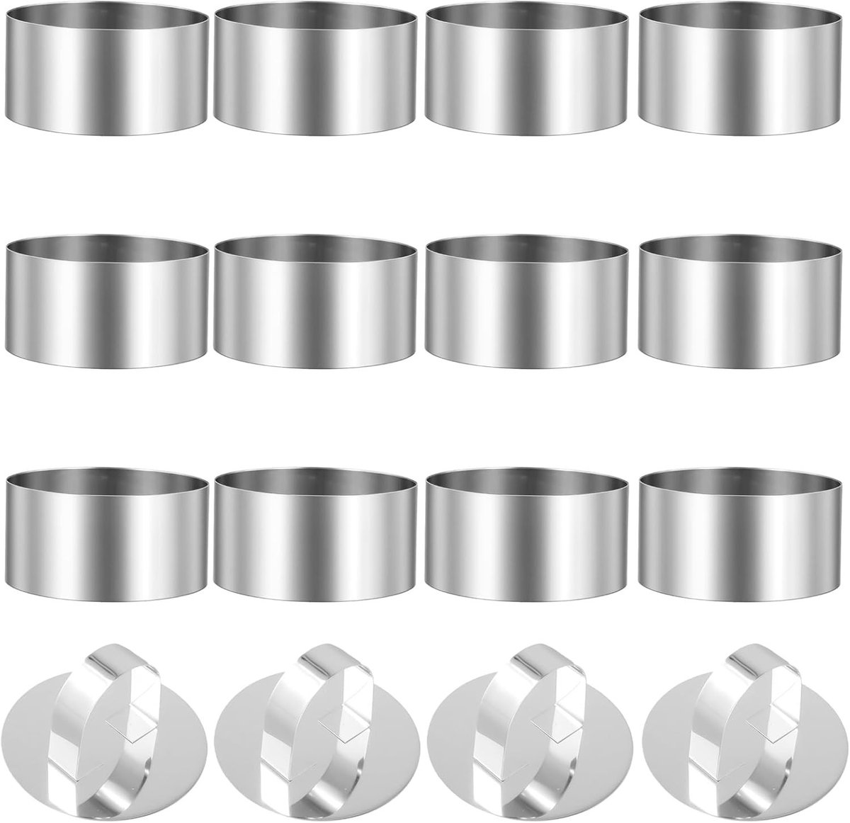 Set van 12 RVS Mousse Ringen met 4 Duwers, 8 cm Niet-Plakkerige Ronde Keukenringen voor Crumpets, Eieren en Taarten