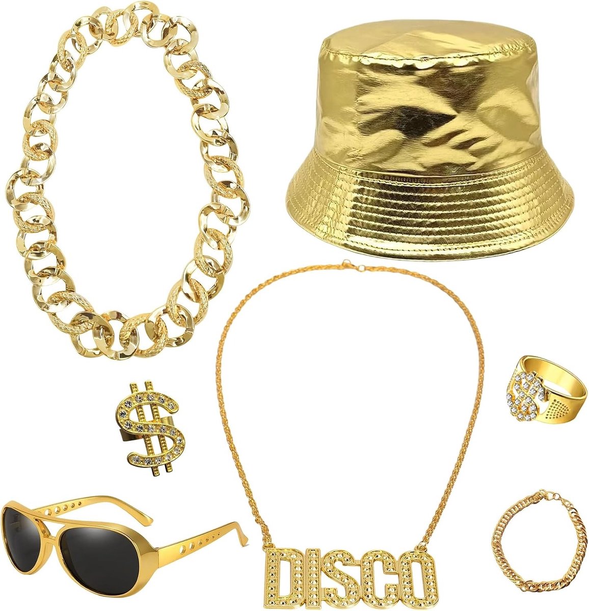 7-delig hiphop-kostuum voor heren en dames, retro jaren '70, '80 en '90, rapper outfit met accessoires voor carnaval en Halloween, inclusief hoed, zonnebril en kettingen