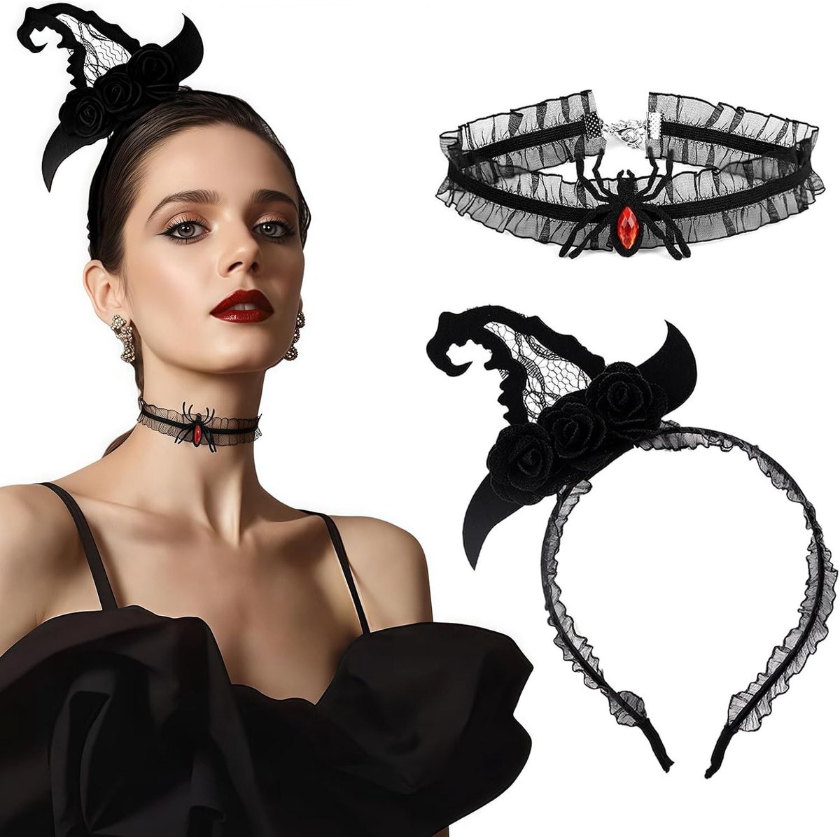 Set van 2 Gothische Haarbanden met Ketting voor Halloween - Zwarte Hoofdband en Accessoires voor Vrouwen, Perfect voor Halloween Kostuums en Feestjes