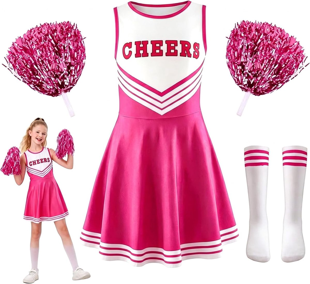 Cheerleader-kostuum voor kinderen, cheerleader-poms, cheerleaderoutfit voor meisjes met pompons, sokken, cheerleaderoutfit, voor verkleedpartijen, cosplay, Halloween, 8-9 jaar, blauw Tag 140