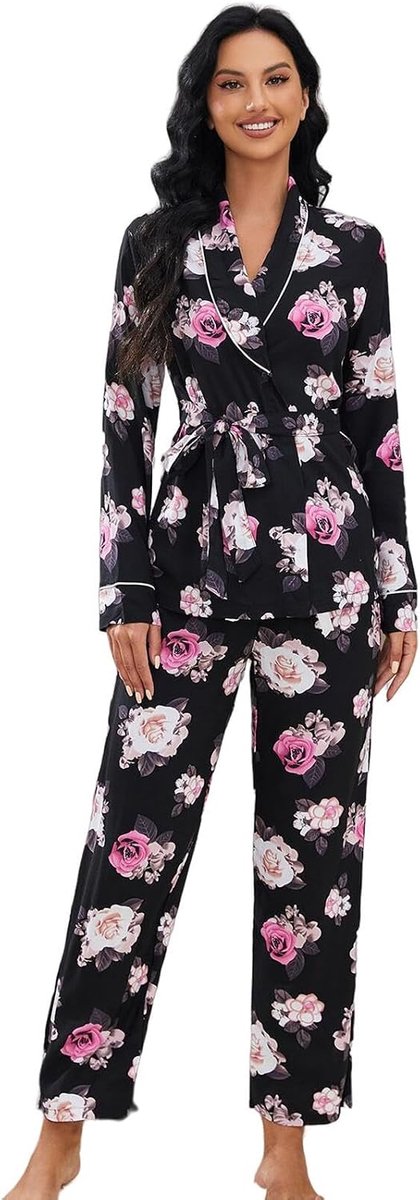 Pajama Set Autumn And Winter Long-Sleeved Nightgown, Women'S Fashion Floral Print Lace-Up Pajamas Loungewear-A-Xl