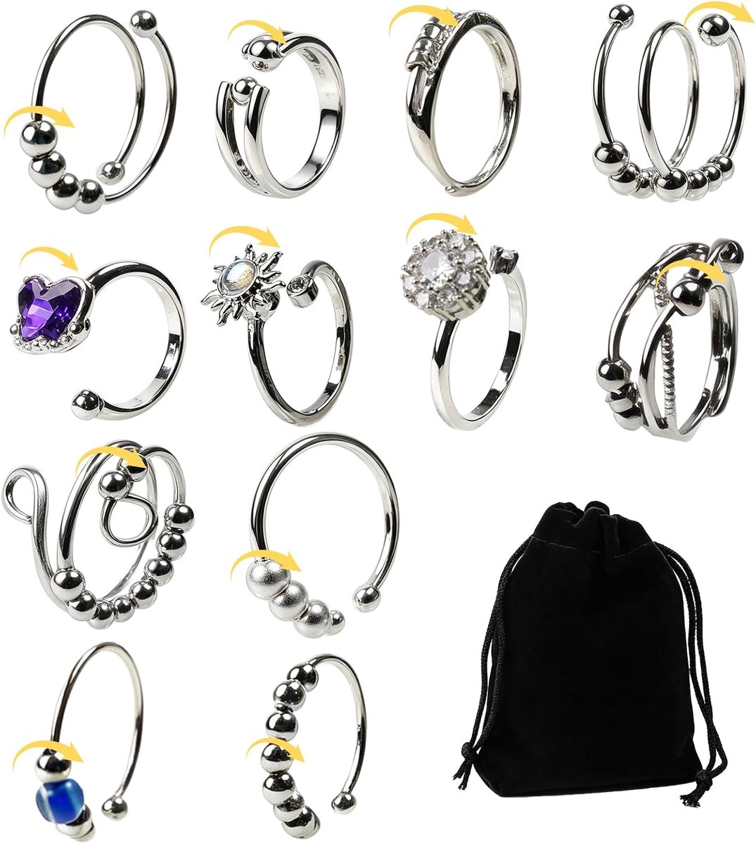 12 stuks zilveren fidget roterende ring voor dames, open, verstelbaar, stapelbaar