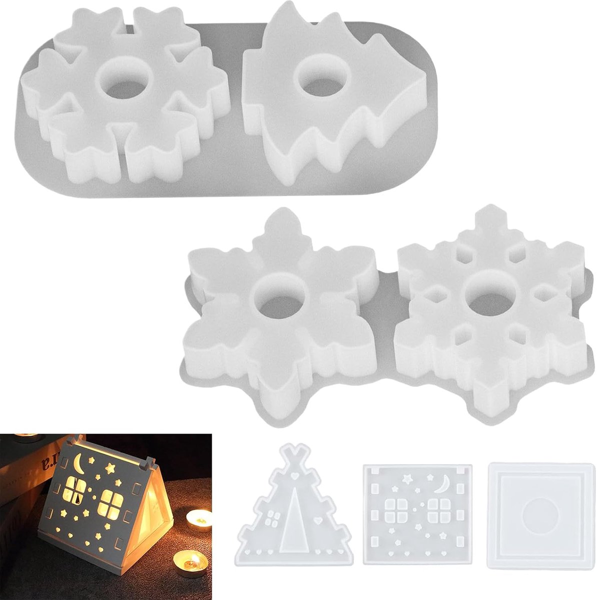 Vormen voor Kerstmis, gietvormen, siliconen, huis, Kerstmis, kandelaar, epoxyharsvormen, eenvoudige vorming, kaarshouder, decoratie, woondecoratie (sneeuwvlokken, kerstboom, klein huis)