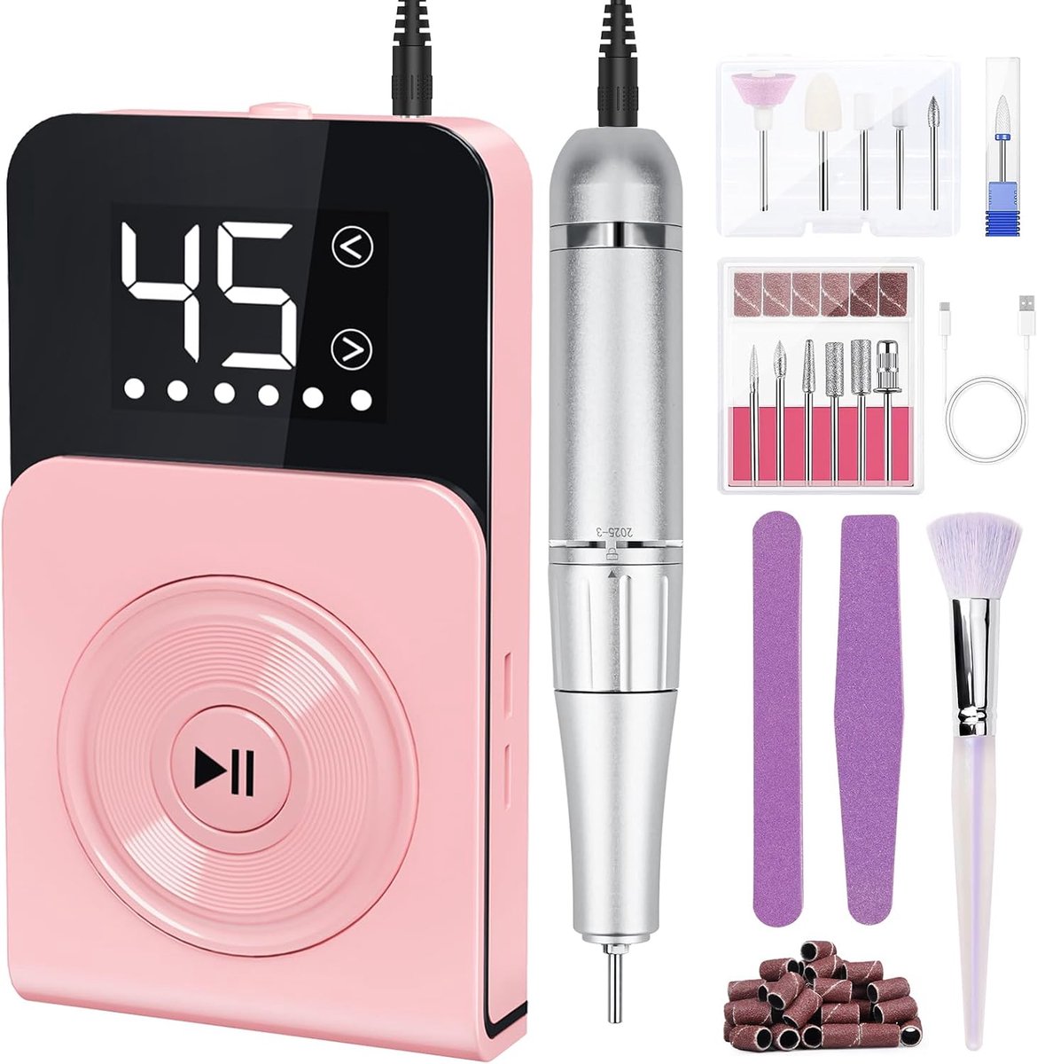 Professionele elektrische nagelboormachine, Urbuit nagelboor voor acryl- en gelnagels, oplaadbare manicure-pedicure kit met 12 bits en LCD-scherm voor thuis- en salongebruik (roze)