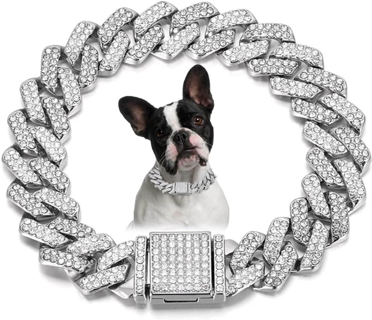 Hondenhalsband met ketting, bling diamant Cubaanse link hondenhalsbanden, glitter strass halsband voor kleine, middelgrote en grote huisdieren honden, 40 cm