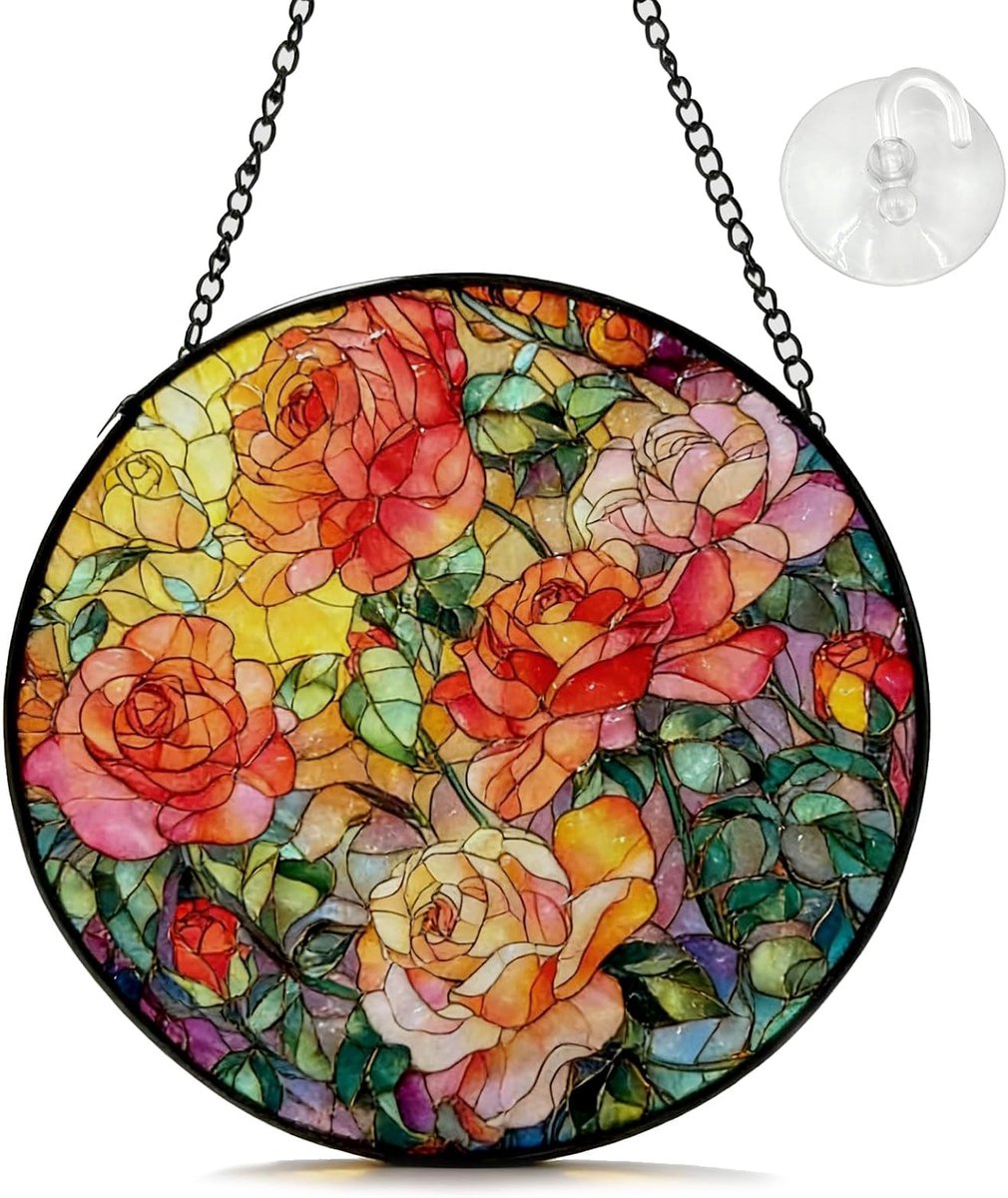 Catcher Rozen, acryl zonnevanger 20 x 20 cm, rozenbloemen hangend ornament met ketting en haken voor ramen, tuin, huis, balkon, verjaardag, housewarming cadeau