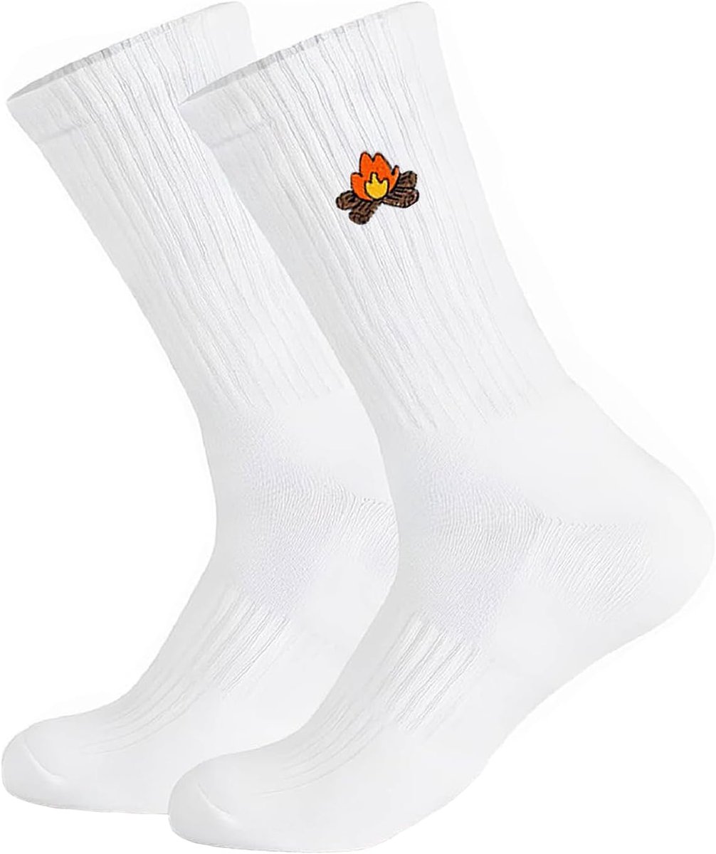 Sokken met borduurpatroon, witte sportsokken voor dames en heren, ademende katoenen sokken met motief (dieren/voedsel/kunst)