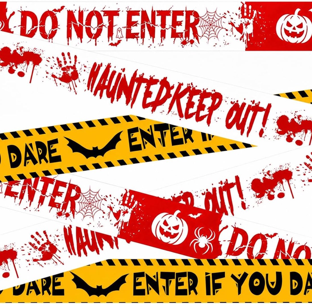 Lint, Halloween afzetlint 7,5 cm x 27 m, horror decoratie waarschuwingslint met gevaar waarschuwingsmotief, voor plaats delict decoratie, crime scene, spookhuis